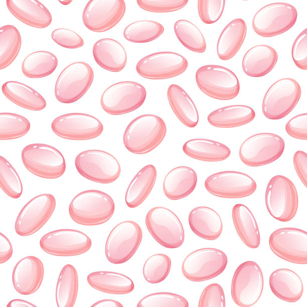 istock Seamless pattern with pink shiny ovals. Candy concept, capsules, jewelry stones, liquid glossy drops. Vector illustration on white background in cartoon style 1189714584