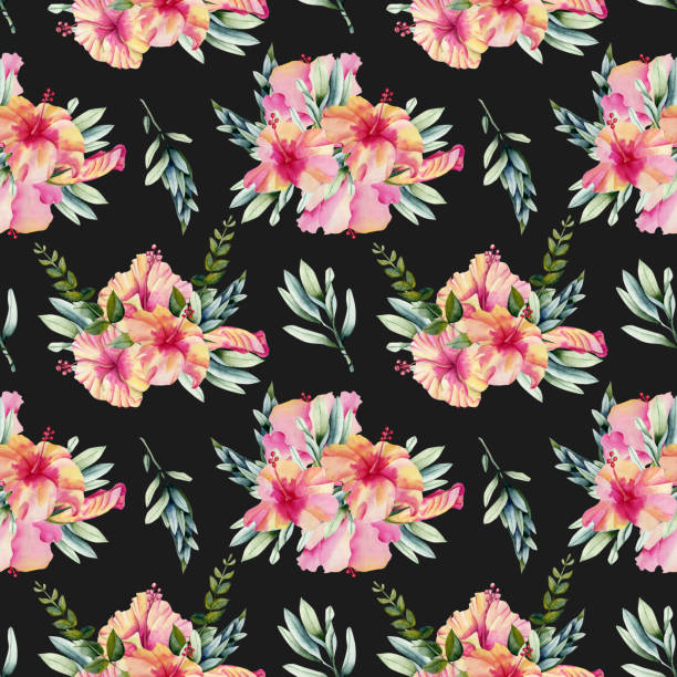 istock Watercolor hibiscus flowers, branhces and leaves bouquets seamless pattern, hand painted on a dark background 1189714989