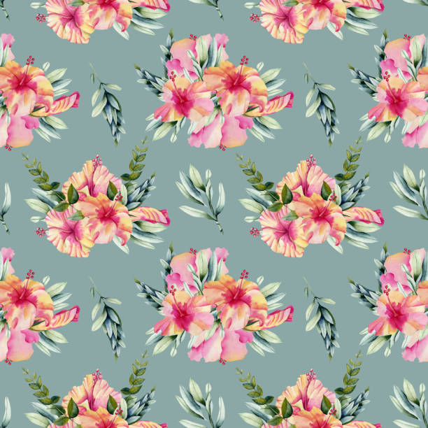 istock Watercolor hibiscus flowers, branhces and leaves bouquets seamless pattern, hand painted on a blue background 1189715075