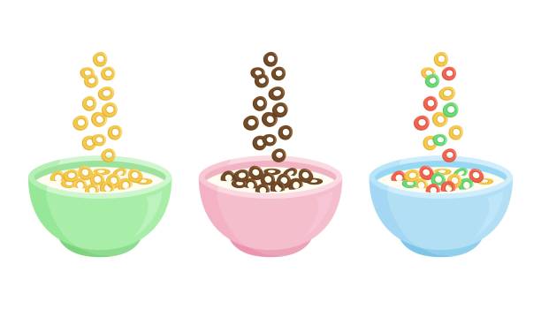 ilustrações, clipart, desenhos animados e ícones de café da manhã de cereais. bacia cerâmica com leite e flocos crunchy doces diferentes. laços coloridos de queda do cereal. comida saudável para crianças. vetor - fruta com grão
