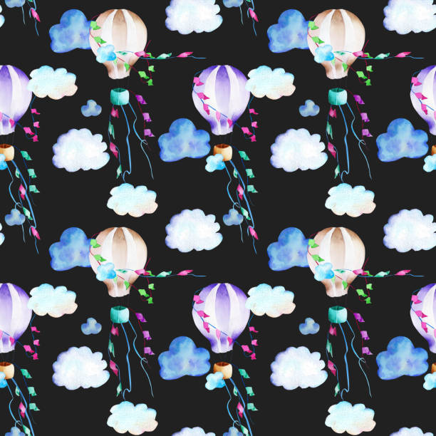 istock Watercolor festive hot air balloons in the sky seamless pattern, hand painted on a dark background 1189717432