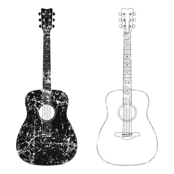 フラットスタイルリアルなアコースティックギターアイコン形状シルエット。楽器のロゴ記号。ベクトルイラストレーション画像。白い背景に隔離されています。アウトライングランジ図面� - modern rock点のイラスト素材／クリップアート素材／マンガ素材／アイコン素材