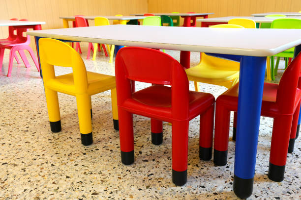istock colorful plastic chairs in kindergarten 1189721078