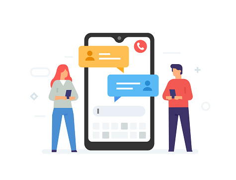 Chat messages notification on smartphone vector illustration, flat cartoon sms bubbles on mobile phone screen, man person chatting on cellphone with woman isolated. Private chat