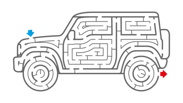 Vector illustration of Four-wheel drive maze (coloring book)