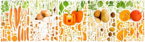 Large collection of orange vegetable pieces, slices and leaves isolated on white background.