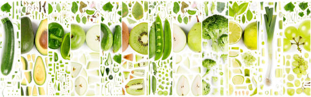 colección de frutas y hortalizas verdes y hojas - healthy eating food and drink raw leek fotografías e imágenes de stock