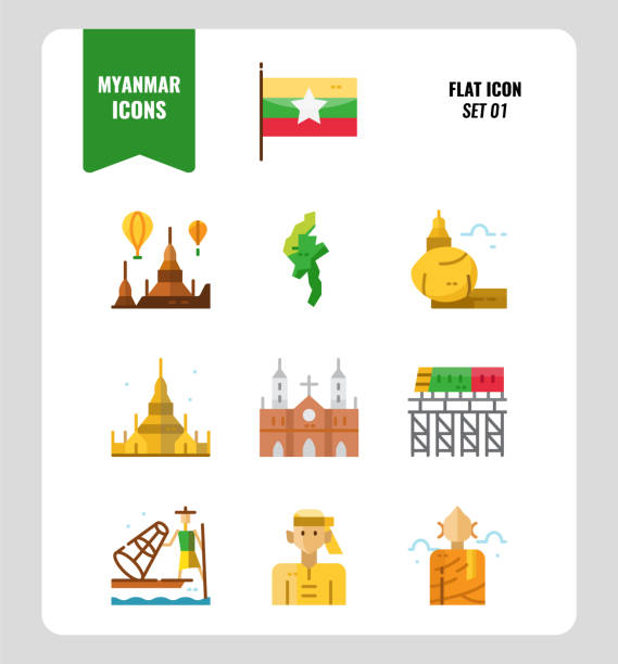 мьянма значок набор 1. включите флаг, ориентир, людей, культуру и многое другое. - burma railway stock illustrations