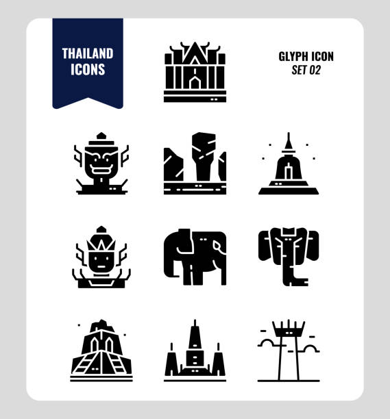 Thailand icon set 2. Include landmark, sculpture, temple, pagoda, elephant and more. Glyph icons Design. vector abstract asia backgrounds bangkok stock illustrations