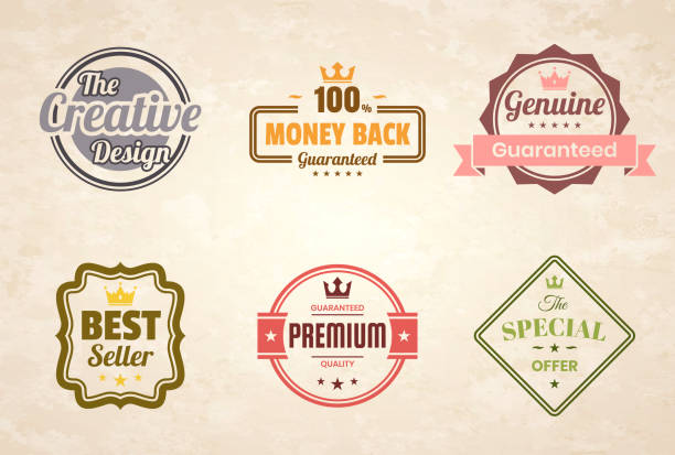 Set of Colorful Vintage Badges and Labels - Design Elements Set of 6 Vintage multicolored badges and labels (Red, orange, yellow, green, gray, pink), isolated on a brown retro background with an effect of old textured paper (The Creative Design, Money Back - 100% Guaranteed, Genuine - Guaranteed, Best Seller, Premium - Guaranteed Quality, The Special Offer). Elements for your design, with space for your text. Vector Illustration (EPS10, well layered and grouped). Easy to edit, manipulate, resize or colorize. red crown logo stock illustrations