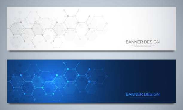 ilustrações de stock, clip art, desenhos animados e ícones de banners design template and headers for site with molecular structures. abstract vector background. science, medicine and innovation technology concept. decoration website and other ideas. - medical research medicine laboratory computer graphic