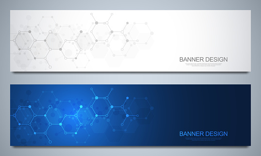 Banners design template and headers for site with molecular structures. Abstract vector background. Science, medicine and innovation technology concept. Decoration website and other ideas