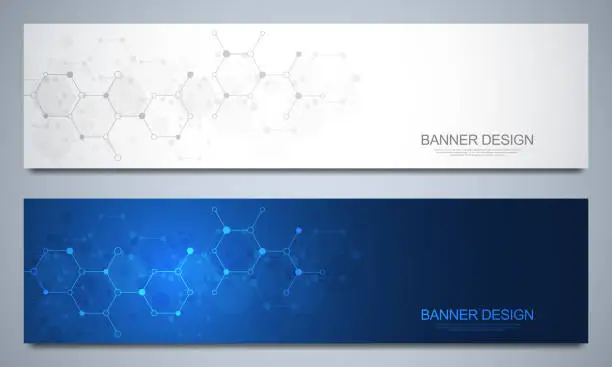 Vector illustration of Banners design template and headers for site with molecular structures. Abstract vector background. Science, medicine and innovation technology concept. Decoration website and other ideas.