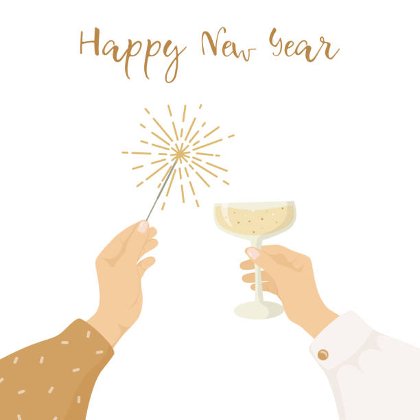 Happy New Year greeting card. Women's hands holding a glass of champagne and sparkler. Trendy vector illustration. Party invitation. Happy New Year greeting card. Women's hands holding a glass of champagne and sparkler. Trendy vector illustration. Party invitation. fireworks and sparklers stock illustrations