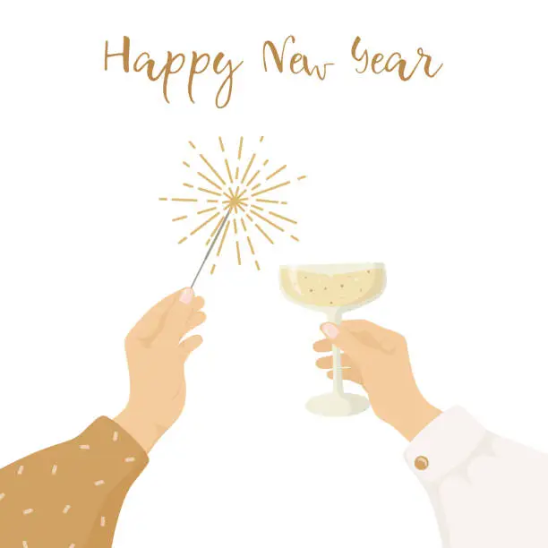 Vector illustration of Happy New Year greeting card. Women's hands holding a glass of champagne and sparkler. Trendy vector illustration. Party invitation.