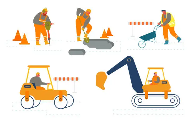 Vector illustration of Set of Workers on Road Repair Construction. Roller Machine, Excavator Dig Hole in Ground, Builders Remove Soil and Asphalt with Shovel Wheelbarrow and Jackhammer. Cartoon Flat Vector Illustration