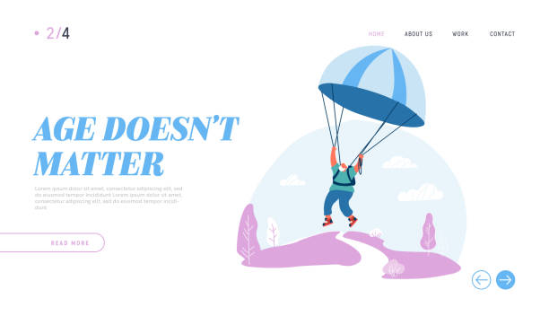 istock Active Senior Man Extreme Sports Activity and Recreation Website Landing Page. Pensioner Jumping with Parachute. Retirement Hobby, Sport Lifestyle Web Page Banner. Cartoon Flat Vector Illustration 1189735291