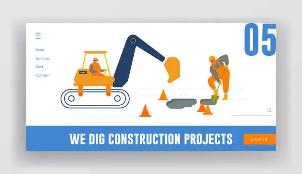 Vector illustration of Bagger Excavating Work on Road Repair or Construction Site Foundation Website Landing Page. Excavator Machine and Man Builder Digging Hole in Ground Web Page Banner. Cartoon Flat Vector Illustration