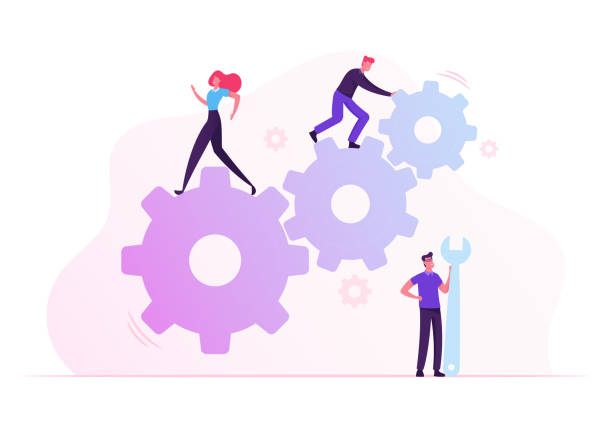 istock Team Work Cooperation in Gears Mechanism. Businesspeople Engaged in Business Direction to Successful Path Move Huge Cogwheel Machine Man Technician Support Hold Wrench Cartoon Flat Vector Illustration 1189735477