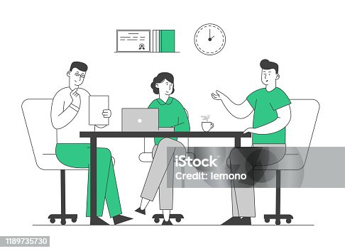 istock Hr Manager Hold Candidate Resume in Hands Welcoming Applicant at Job Interview. Relaxed Man Tell about Working Skills, Ideas and Work Experience to Committee Cartoon Flat Vector Illustration, Line Art 1189735730