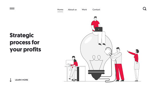 Teamworking and Searching Idea Website Landing Page. Business Team Search Insight for Project Development Stand at Huge Turned Off Light Bulb with Plug Web Page Banner Cartoon Flat Vector Illustration