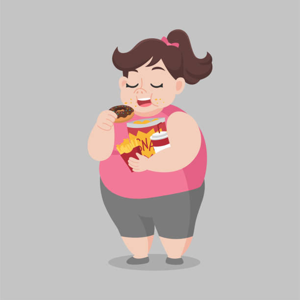 big fat happy wanita menikmati makan camilan donat - big size woman asian ilustrasi stok