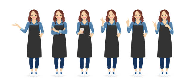 Woman in apron Smiling woman in apron standing with different gestures isolated vector illustration barista stock illustrations