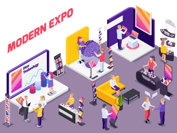 Technology Exhibition Isometric Composition Modern innovative technology products exhibition show promotion stands with visitors assistants potential buyers isometric composition vector illustration exhibition illustrations stock illustrations
