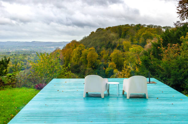 Two empty chairs overlooking the South Downs in autumn, England Countryside view of beautiful valley and forest landscape In Peterfield, New Hampshire petersfield stock pictures, royalty-free photos & images