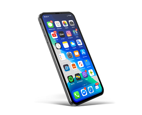 3d render of Future new iPhone 12 Pro in silver color - home screen displayed