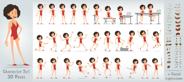 Cartoon flat beach girl character big vector set Cartoon flat cute funny handsome girl character in green closed swimsuit. 30 different poses and face expressions. Isolated on white background. Big vector icon set. walking beach women sadness stock illustrations