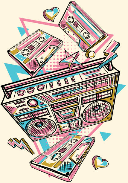illustrazioni stock, clip art, cartoni animati e icone di tendenza di funky disegnato boom box e audiocassette graffiti musicali - star shape audio