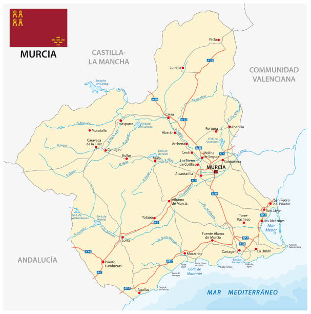 ilustraciones, imágenes clip art, dibujos animados e iconos de stock de hoja de ruta de la región española de murcia con bandera - murcia