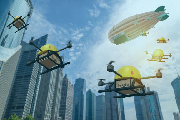 istock drone deploy from blimp carry deliver packages to customers with in short times the package including medicine, food, etc. and drone will identify person with biometrics, facial recognition technology 1189749831