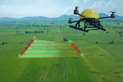 smart farming concept, drone use a technology in agriculture with artificial intelligence to measure the area, photographer, and fly follow the line and send the data back to farmer in cloud system