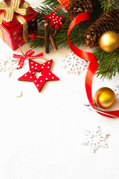 istock Christmas, new year concept background. Xmas composition. Branches of spruce, present and red decorations. Copy space. 1189751293