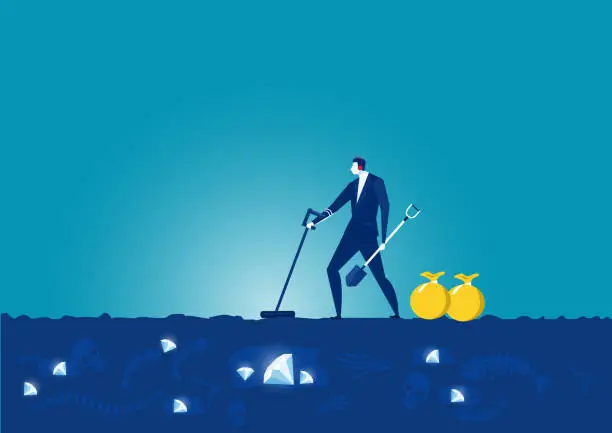 Vector illustration of business man seek with metal detector and shovel in search for precious diamond