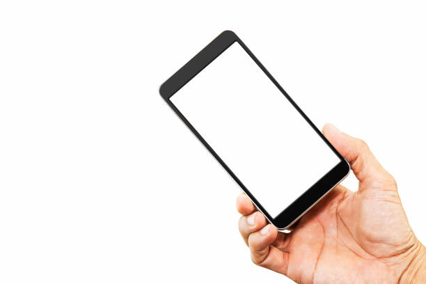 Hand holding white blank screen smartphone isolated on white background with clipping path