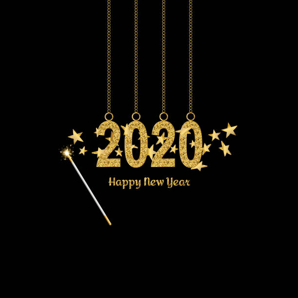 istock Happy New Year gold number 2020. Bright golden design with sparkle and Magic wand with 3d stars. Holiday glitter typography for Christmas banner, calendar, decoration, greeting card Vector illustration 1189753839