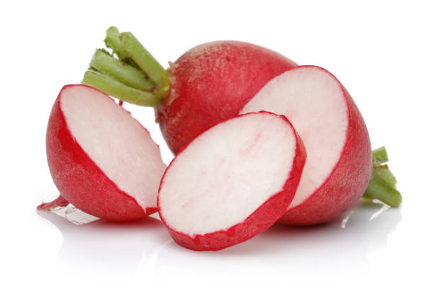 istock Red radish with slices isolated on white 1189753924