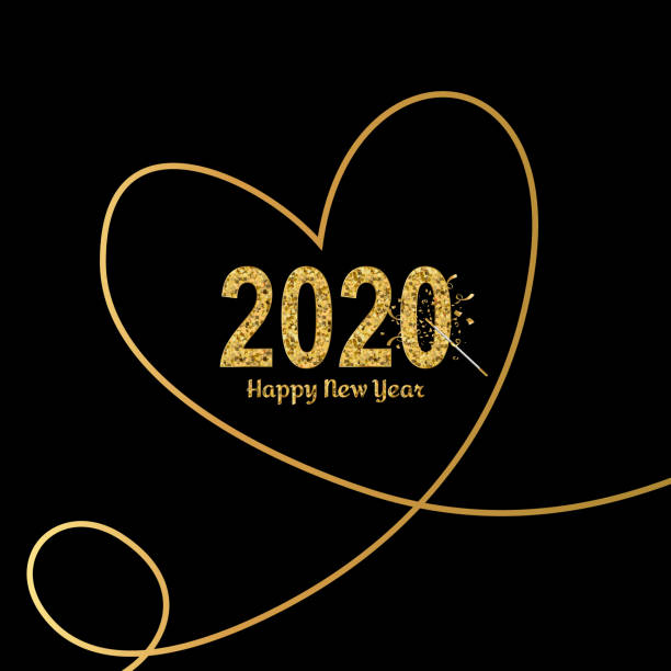 Happy New Year gold number 2020 with hearts in continuous drawing lines and Magic wand. Bright golden design with sparkle. Holiday glitter typography for Christmas banner, calendar, decoration, greeting card Vector illustration vector art illustration