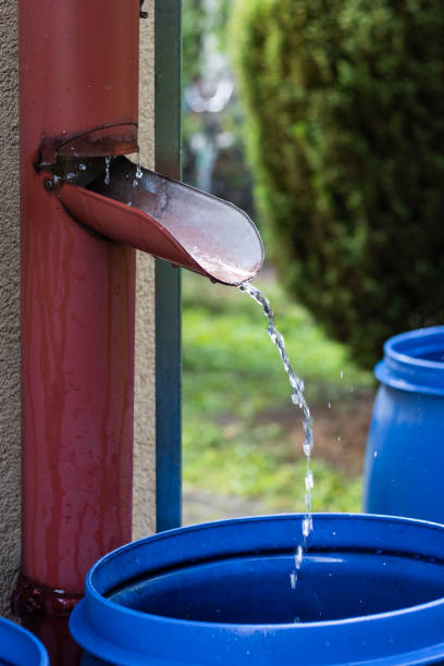 istock Rainwater flowing from roof gutter into barrel at garden 1189754974