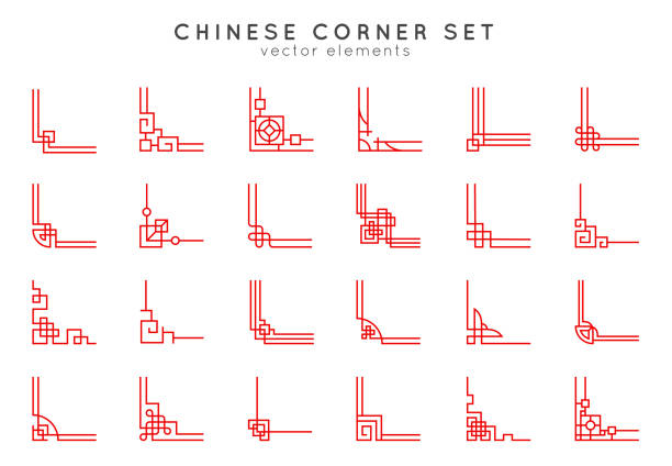 Asian corner set in vintage style on white background. Traditional chinese ornaments for your design. Vector red japanese elements. Asian corner set in vintage style on white background. Traditional chinese ornaments for your design. Vector red japanese elements. Artwork graphic, asian culture decoration corner stock illustrations