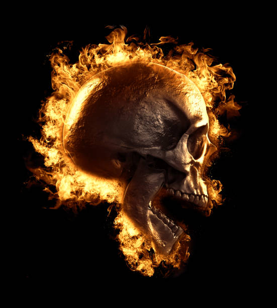 istock Skull in fire wallpaper - Skull human head isolated in empty background - 3d render 1189755216