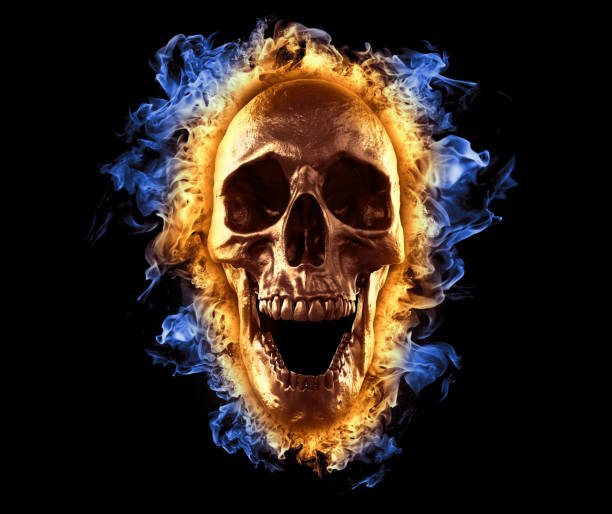 istock Skull in fire wallpaper - Skull human head isolated in empty background - 3d render 1189755240