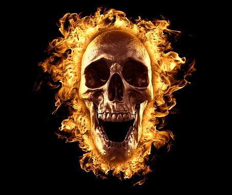 wallpaper background showing a human skull burning in fire isolated in realistic 3d render