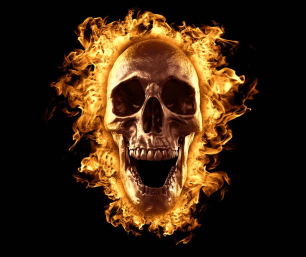 crânio no papel de parede do fogo - cabeça humana do crânio isolada no fundo vazio - render 3d - inferno fire flame skull - fotografias e filmes do acervo