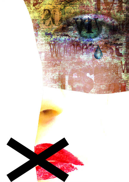 ilustrações de stock, clip art, desenhos animados e ícones de mixed media. contemporary art portrait of abused, banned to speak and express opinion woman - newspaper the media paper blank