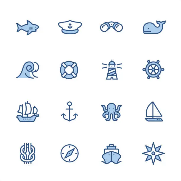 Vector illustration of Marine theme - Pixel Perfect navy blue outline icons
