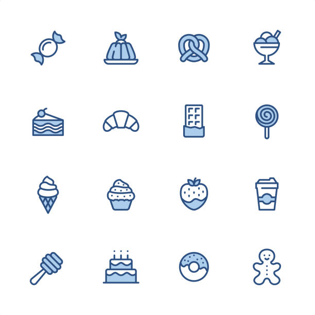 ilustrações de stock, clip art, desenhos animados e ícones de sweet food - pixel perfect blue outline icons - creme cozinhado